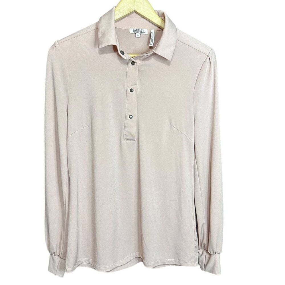 Badgley Mischka Blush Pink Long Sleeve 1/4‎ Snap Stretch Blouse Women's S